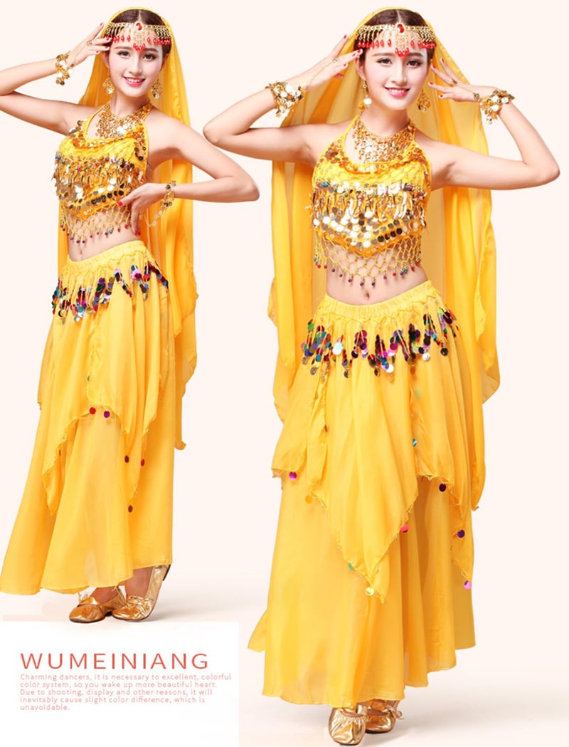 ORIDOOR Women Belly Dance Dress Set Crop Top Padded Bra Top Sparkling Belly Dance Chiffon Skirts with Coins 5-Piece Outfit 02 Yellow â€¦ - Image 5
